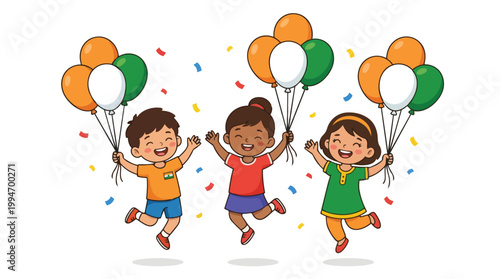 Happy Indian children celebrating national holiday with tricolor balloons and confetti, joyful kids jumping together expressing patriotism and freedom