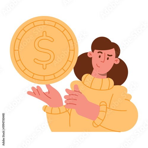Happy young woman holding a giant golden dollar coin for finance
