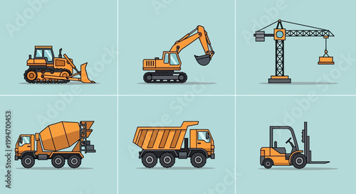 Set of construction vehicle icons featuring heavy machinery like excavator and bulldozer