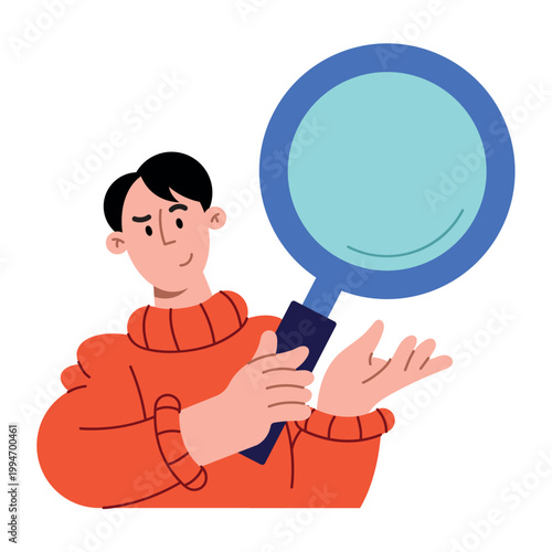 Young man holding a large magnifying glass for search and discovery