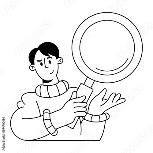 Young man holding a large magnifying glass for search and discovery
