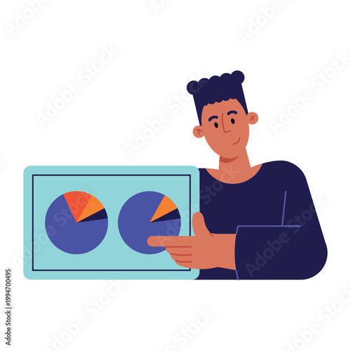 Businessman presenting a digital dashboard with multiple data charts
