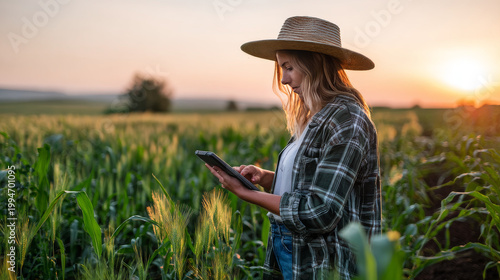 Female farmer inspecting her smart farm grain field. technology and send data to the cloud from the tablet. in the analysis and control of plant quality in the soil smart digital agriculture