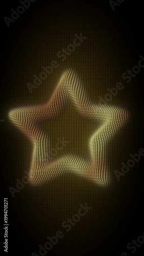 Golden Five-Pointed Star Frame With Rotating Animation, Digital Dot Particles on Dark Background, Glowing Dot Grid 3D Geometric Shape, 4K Seamless Loop, Vertical Video