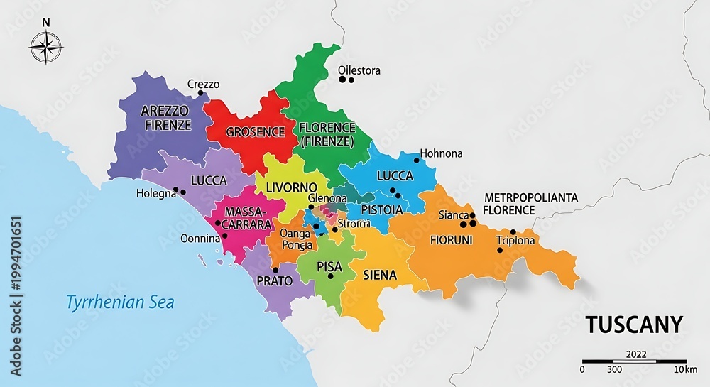 Fototapeta premium Detailed Map of Tuscany Region in Italy with Cities.