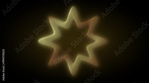 Golden Eight-Pointed Star Frame With Rotating Animation, Digital Dot Particles on Dark Background, Glowing Dot Grid 3D Geometric Shape, 4K Seamless Loop
