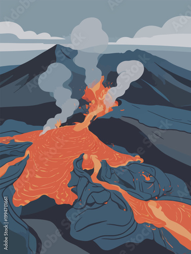 Volcanic Eruption with Lava Flow and Smoke Plumes