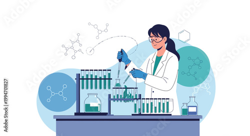 Female scientist conducting experiment with test tubes and molecules in laboratory