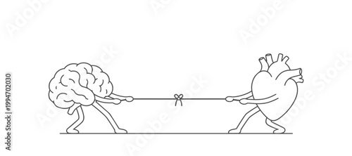 inner conflict Tug of War Line Art Vector, Mind vs Emotion Concept Illustration, Minimal Black Outline Drawing