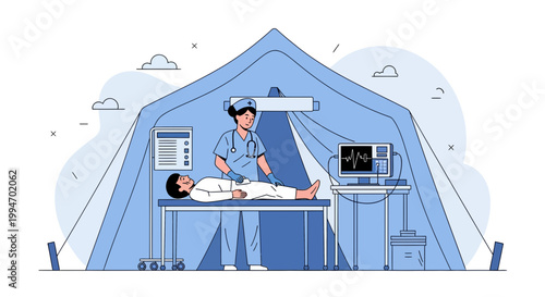 Field Hospital Tent with Nurse and Patient, Medical Care, Emergency Treatment