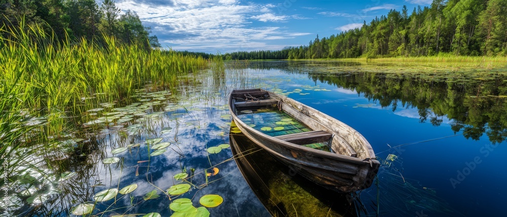 Fototapeta premium Rustic Rowboat on Serene Forest Lake. 