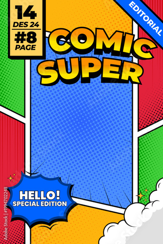 Comic Super Pop Art Cover Design — Editorial Special Edition Hello Speech Bubble Layout