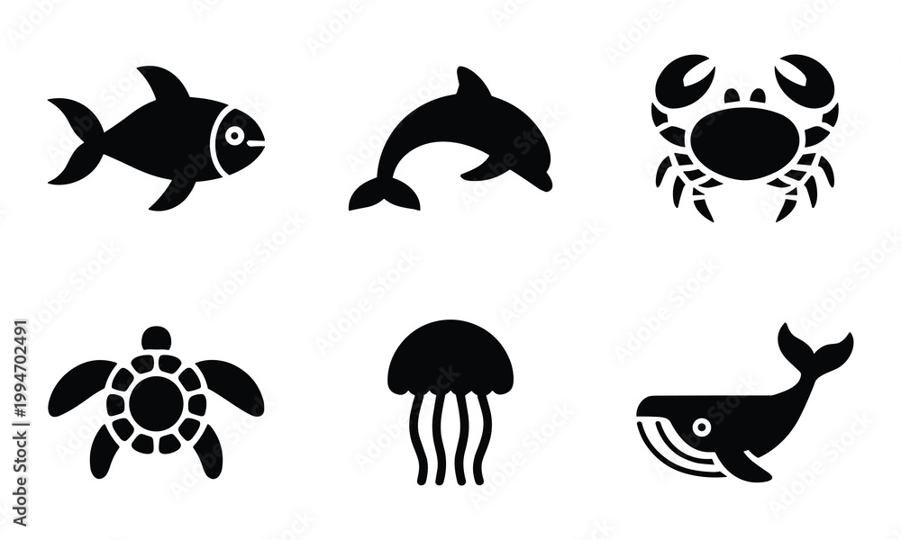 Fototapeta premium Sea life animal icon collection including fish dolphin crab turtle jellyfish and whale.