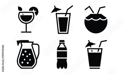 Refreshing drink icons including cocktail fruit juice coconut water and bottled beverage.
