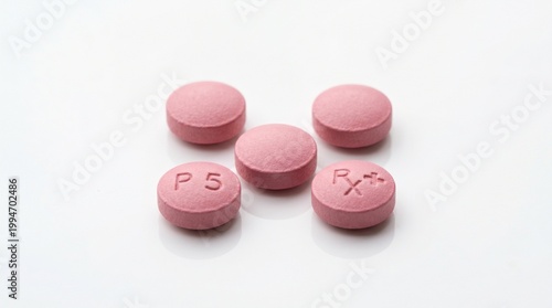 Five pink pills with markings on white background pain relief health care