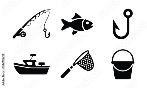 Set of fishing icons boat fish hook bucket net rod for summer leisure and outdoor activities.