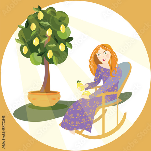 Young smiling girl in rocking chair with lemons under lemon tree flat modern design object isolated on white