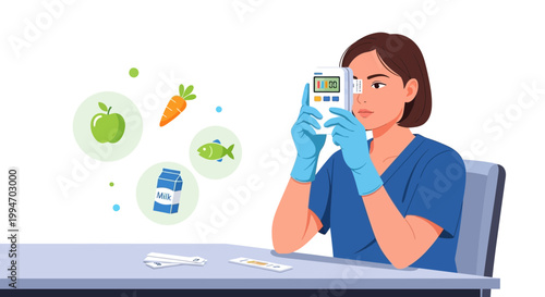 Healthcare professional analyzing medical test results with food icons symbolizing diet and health