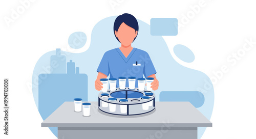 Healthcare professional in blue uniform operating automated pharmaceutical filling machine with vials