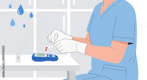 Healthcare professional performs blood glucose test with glucometer, diabetes monitoring