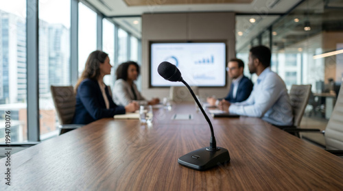 Gooseneck microphone on conference table with business people in background