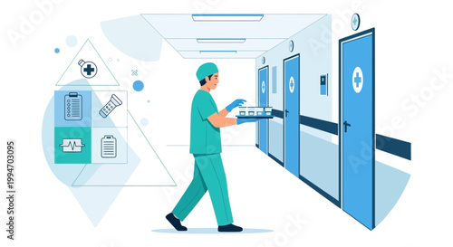 Healthcare professional walking down hospital corridor with medical supplies