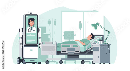 Healthcare Robot Assists Patient in Hospital Room with Doctor on Screen