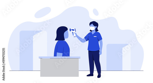 Healthcare worker checks temperature with infrared thermometer, COVID-19 screening, pandemic prevention