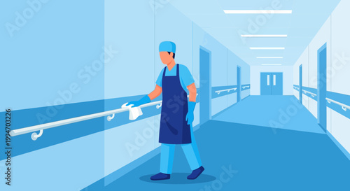 Healthcare worker cleaning hospital corridor handrail for hygiene and infection control