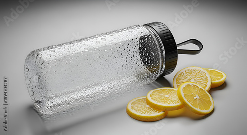 Water bottle with lemon slices beside.