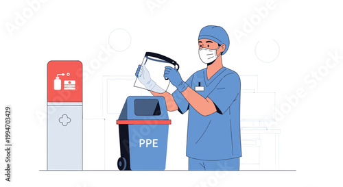 Healthcare worker disposing of PPE in bin, face mask and shield, hygiene concept