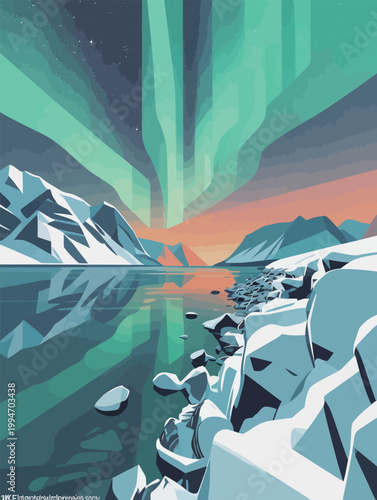 Aurora Borealis Over Snowy Arctic Landscape