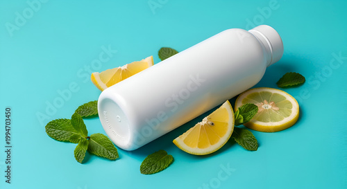 White bottle with lemon and mint.