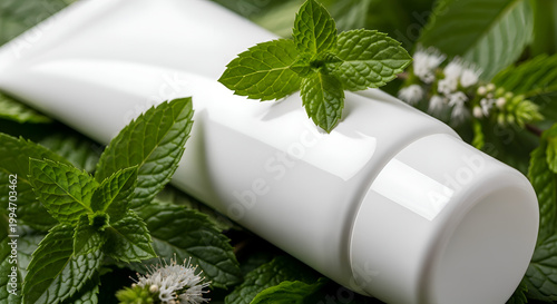 Toothpaste tube with fresh mint leaves.