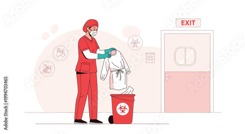 Healthcare worker disposing of protective clothing in biohazard bin near exit