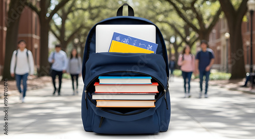 Backpack with books on university campus.