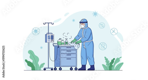 Healthcare worker in hazmat suit disinfecting medical equipment during pandemic