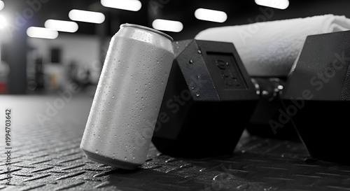 Crushed beer can on gym floor.