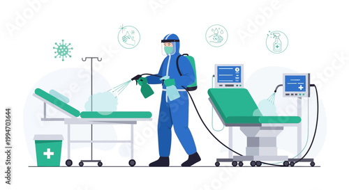 Healthcare worker in hazmat suit sanitizing hospital beds during pandemic