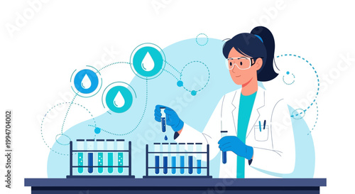 Scientist working with test tubes and liquids in a laboratory, science research concept