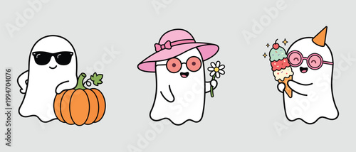 Cute ghosts wearing sunglasses and accessories on gray background