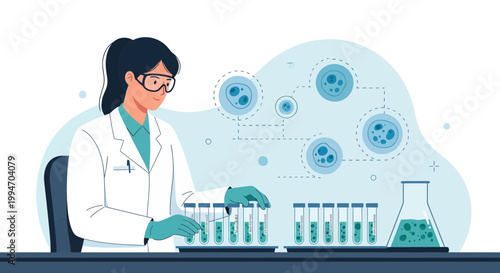 Scientist working with test tubes and microscope in laboratory, research and development