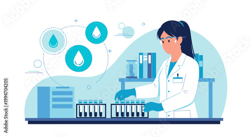 Scientist working with test tubes and water samples in a modern laboratory