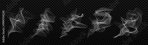 Hot steam from cup. Realistic white vapour rising from coffee mug or tea cup. Isolated on black transparent smoke effect for hot drink aroma, fragrance or cooking heat. Vector set with multiple shapes