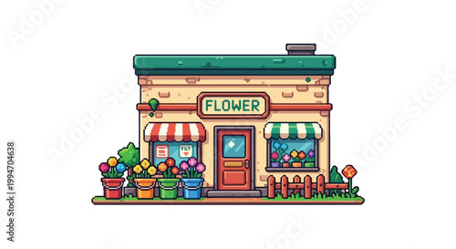 A charming vector illustration of a quaint brick flower shop featuring colorful potted blooms, striped awnings, and a cute storefront design.