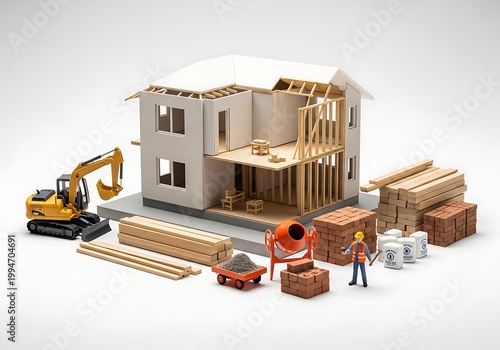 Miniature construction site model with house, excavator, and worker