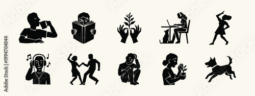 Minimalist Silhouette Icons of Daily Life and Self-Care Activities