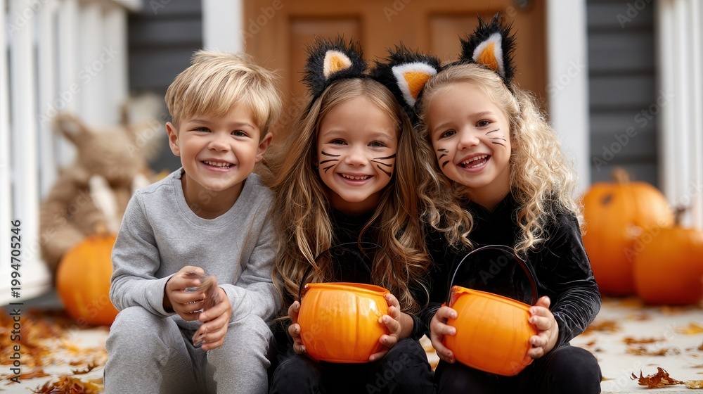 Obraz premium Three smiling kids in cat costumes, face paint, ears, holding pumpkin buckets, on porch amid pumpkins & leaves. Boy gray sweats girls black velvet. Wooden door, siding bg. Bright daylight. Realisti