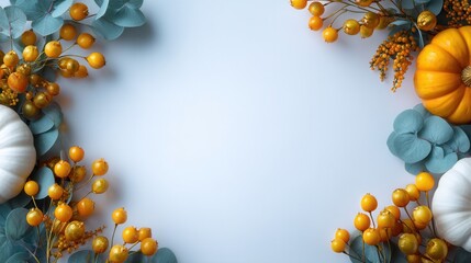 Minimalist autumn flat lay orange pumpkins, berries, blue eucalyptus on light blue, border style, center space for text/design.