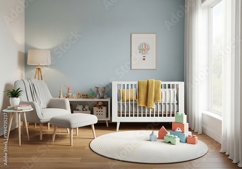 Modern nursery room with crib and armchair